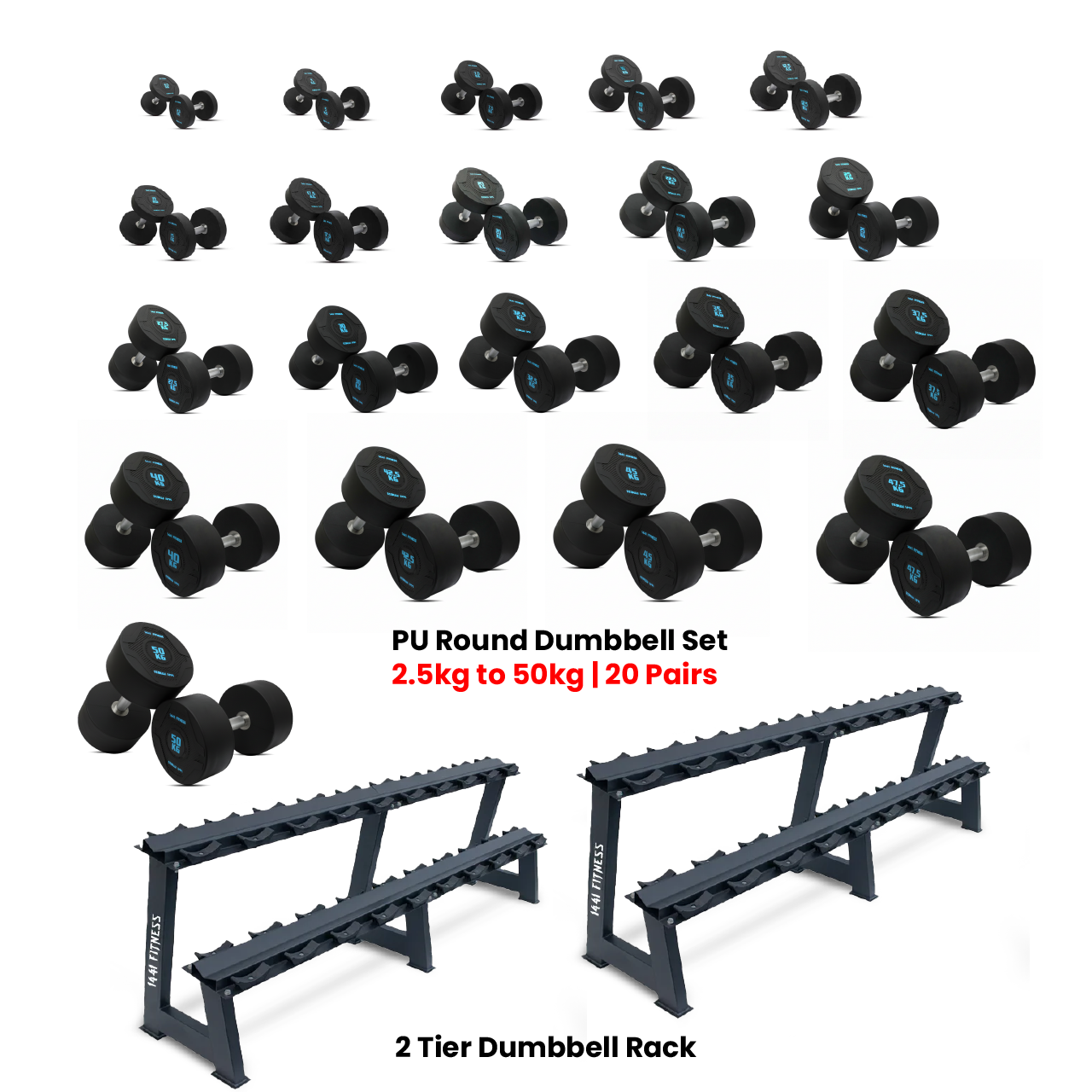 PU Round Dumbbell Set - 2.5 Kg to 50 Kg( 20 Pairs ) with 2 Tier Racks - Bundle Offer